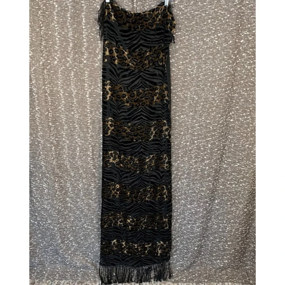 Animal Print Fringe Scarf Wrap Sheer Accents‎ Y2K Boho